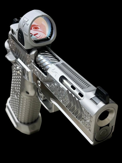 GUNCRAFTER POLARA X2 PORTED 4.25” COMMANDER FULL CHROME AND HAND ENGRAVED WITH MATCHING TRIJICON SILVER SRO