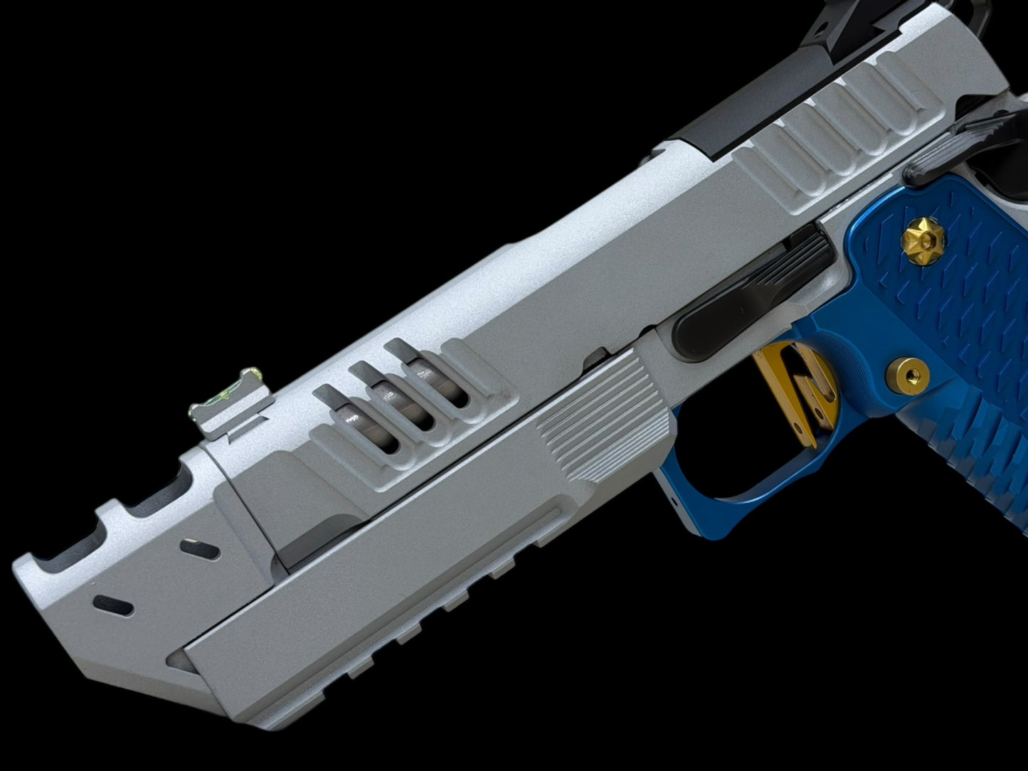 STACCATO C2 C SERIES CUSTOM COMPENSATED SILVER WITH BLUE T7 ALUMINUM GRIPS AND EDGE TRIGGER
