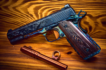 KINGS RIVER CUSTOM LEVEL III; CUSTOM WOOD DISPLAY CASE. HAND ENGRAVED CASE HARDENED .45ACP