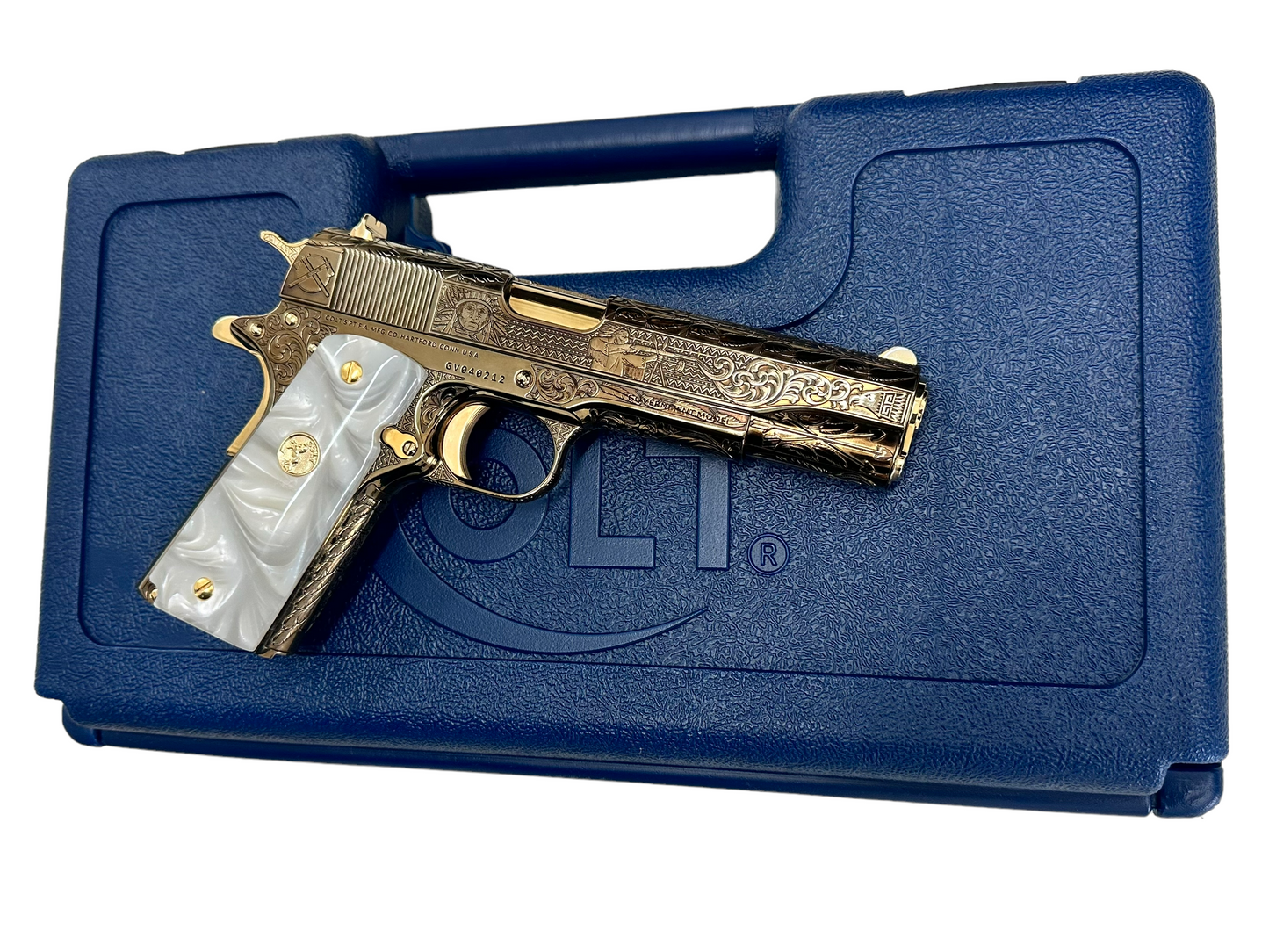 COLT CUSTOM 1911 FULLY ENGRAVED FREEDOM NITRO BRONZE PLATED WITH 24K GOLD ACCENTS.