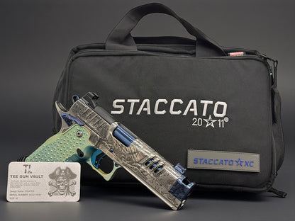 STACCATO CUSTOM XC “PIRATES” POLISHED SILVER/BLUE PVD FINISH WITH ATLAS ANODIZED GRIPS,TRIGGER AND MAG