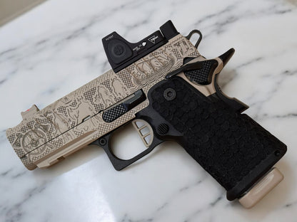 STACCATO CUSTOM CS “VIKING” PORTED 3.5” DESERT FINISH WITH TRIJICON RMRcc AND DRAGON SCALE GRIPS