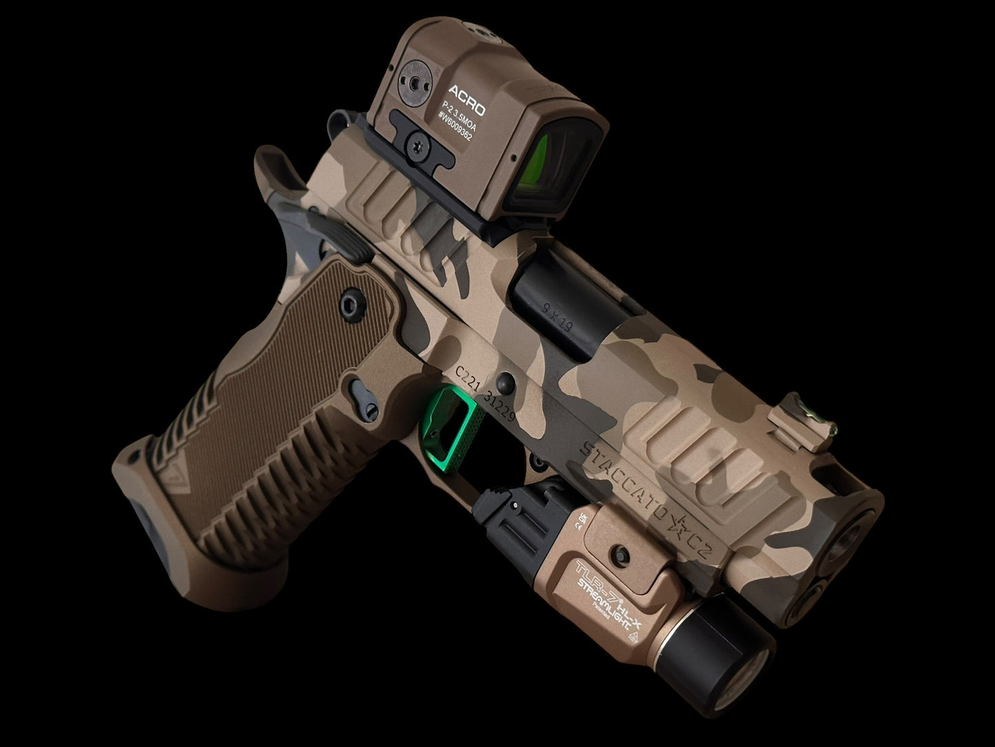STACCATO CUSTOM C2 PORTED 3.9” MULTICAM WITH T7 ALUMINUM GRIPS INFINITY TRIGGER 9MM