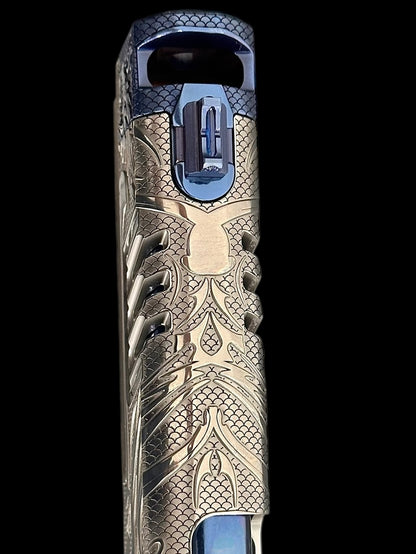 STACCATO CUSTOM XC “TRIBAL DRAGON” SILVER/BLUE PVD WITH ATLAS GRIPS AND APEX ATOM OPTIC