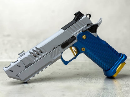 STACCATO C2 C SERIES CUSTOM COMPENSATED SILVER WITH BLUE T7 ALUMINUM GRIPS AND EDGE TRIGGER