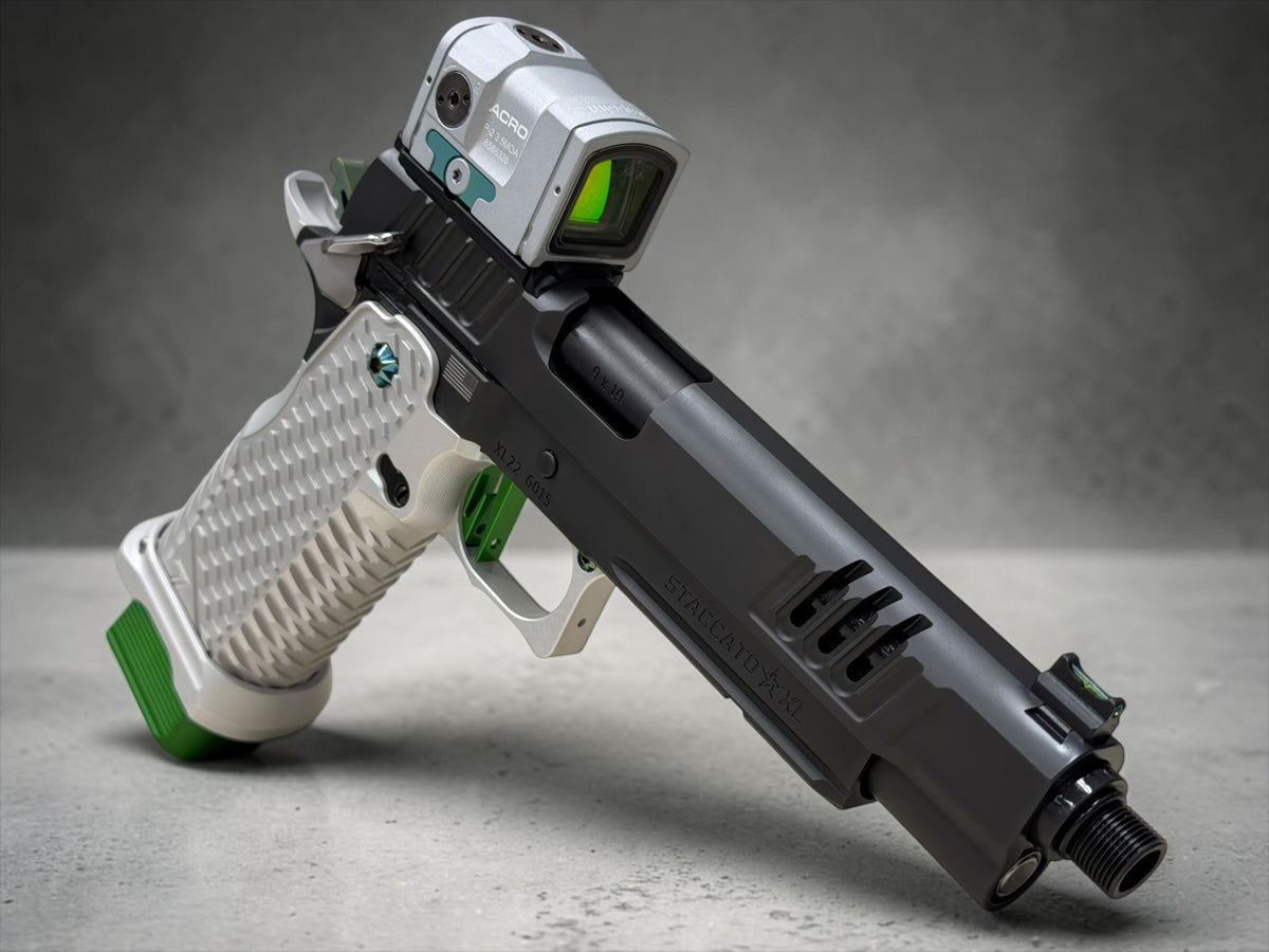 STACCATO CUSTOM XL 2011 THREADED DLC 5.4” BARREL WITH T7 ALUMINUM GRIPS, EDGE TRIGGER AND ACRO P2 SILVER