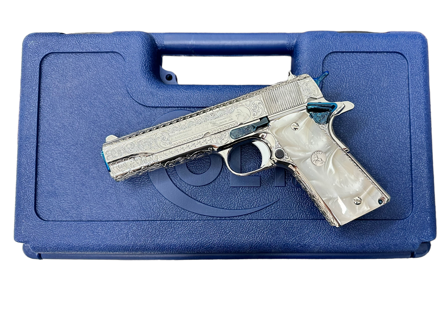 COLT CUSTOM 1911 HIGH POLISHED AND NICKEL PLATED WITH NITRO BLUE ACCENTS FULLY ENGRAVED .45acp
