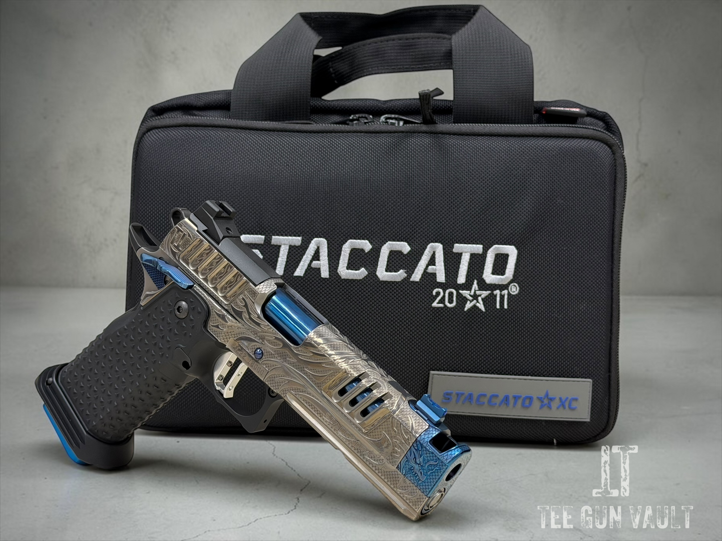 STACCATO CUSTOM XC “TRIBAL DRAGON” SILVER/BLUE PVD WITH ATLAS GRIPS