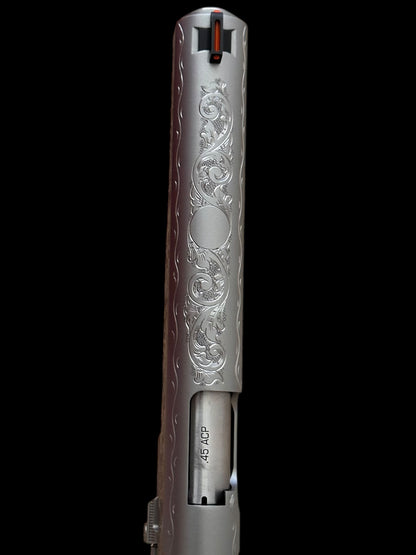 Kimber 1911 Stainless Target long slide hand engraved with custom grips. .45acp