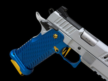 STACCATO C2 C SERIES CUSTOM COMPENSATED SILVER WITH BLUE T7 ALUMINUM GRIPS AND EDGE TRIGGER