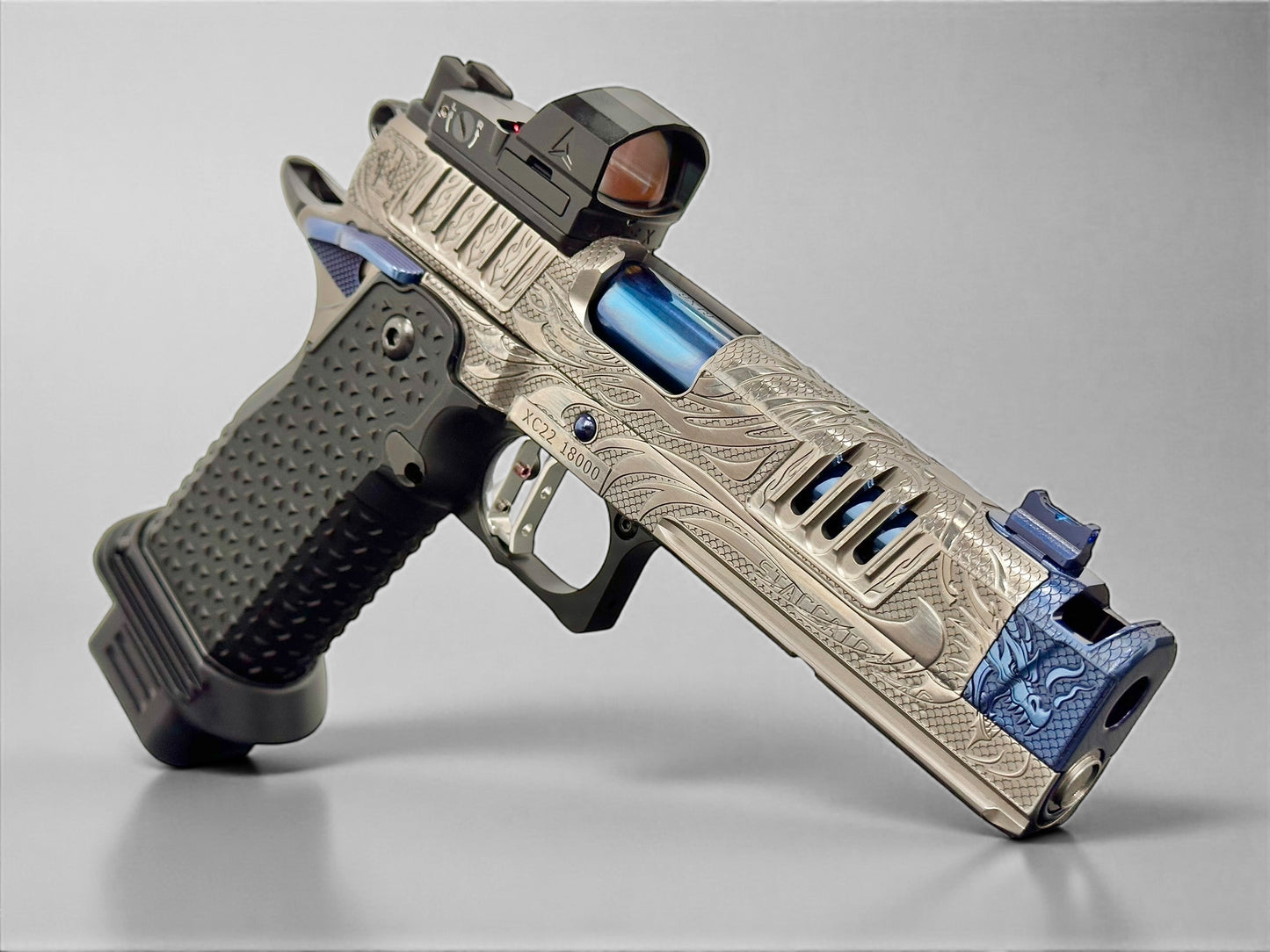 STACCATO CUSTOM XC “TRIBAL DRAGON” SILVER/BLUE PVD WITH ATLAS GRIPS AND APEX ATOM OPTIC