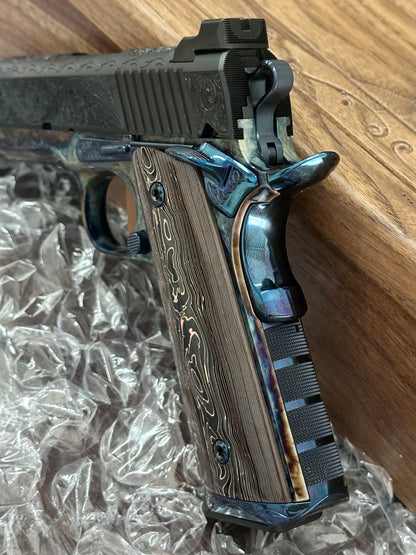 KINGS RIVER CUSTOM LEVEL III; CUSTOM WOOD DISPLAY CASE. HAND ENGRAVED CASE HARDENED .45ACP