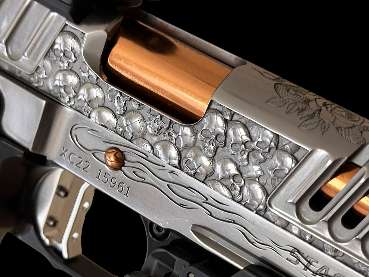 STACCATO CUSTOM XC “VITA FINITA” 3D ENGRAVED IN POLISHED PVD SILVER/COPPER FINISH.