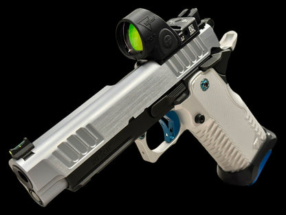 STACCATO P RARE POLISHED HARD CHROME SLIDE W ANODIZED T7 SILVER ALUMINUM GRIP SRO AND ATLAS TRIGGER