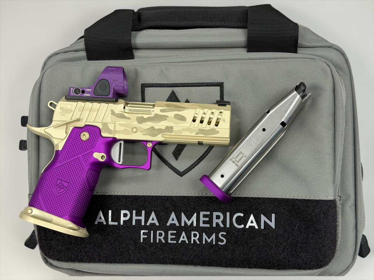 ALPHA AMERICAN VANGUARD 4.25” PORTED DLC CAMO WHITE GOLD WITH PURPLE GRIPS AND SRO