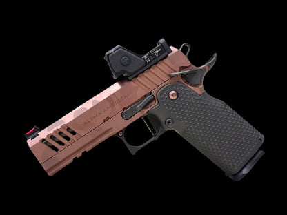 ALPHA AMERICAN VANGUARD 4.25” PORTED DLC ROSE GOLD CAMO WITH TRIJICON RMR HD AND ALUMINUM GRIPS 9mm