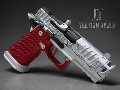 STACCATO CUSTOM P4X “ROCKS” COMPENSATED WITH RED ANODIZED ALUMINUM GRIPS AND INFINITY TRIGGER