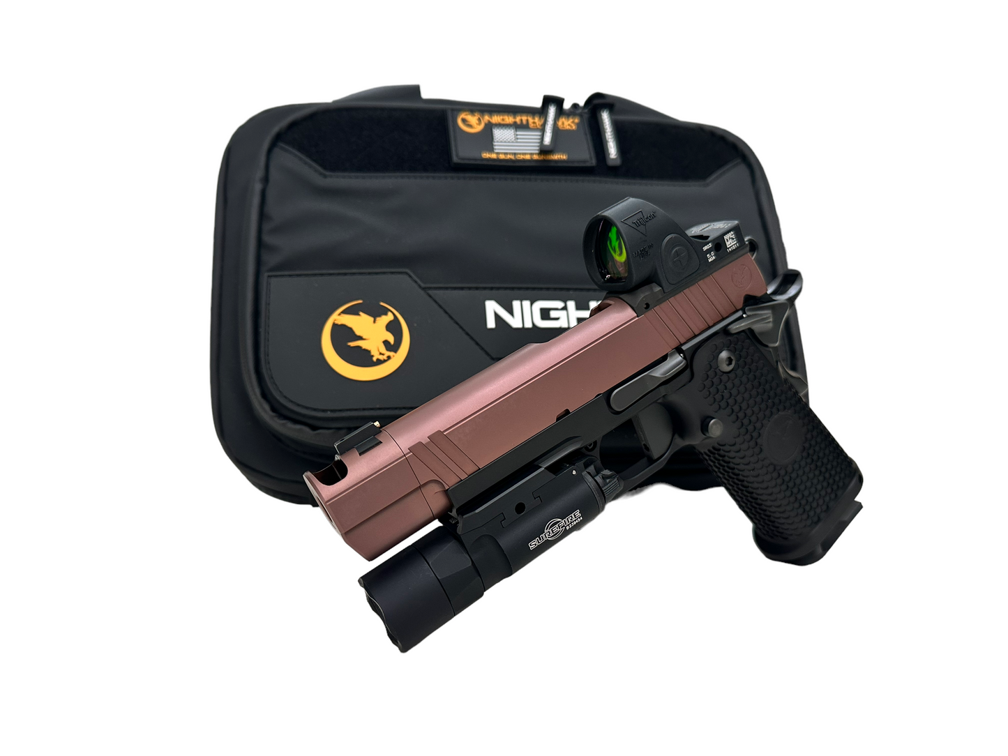 NIGHTHAWK CUSTOM FIREHAWK 1911 DS 9MM ROSE GOLD WITH TRIJICON SRO AND X300