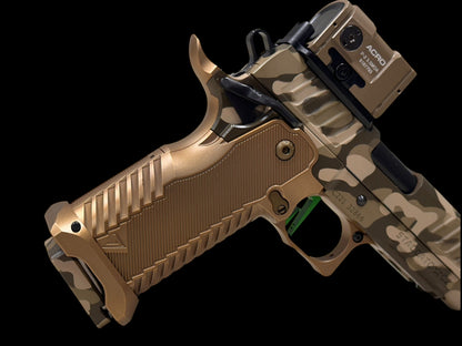 STACCATO CUSTOM C2 PORTED 3.9"
MULTICAM WITH T7 ALUMINUM GRIPS, APE AIMPOINT ACRO P2 & RED DIRT "EDGE" TRIGGER