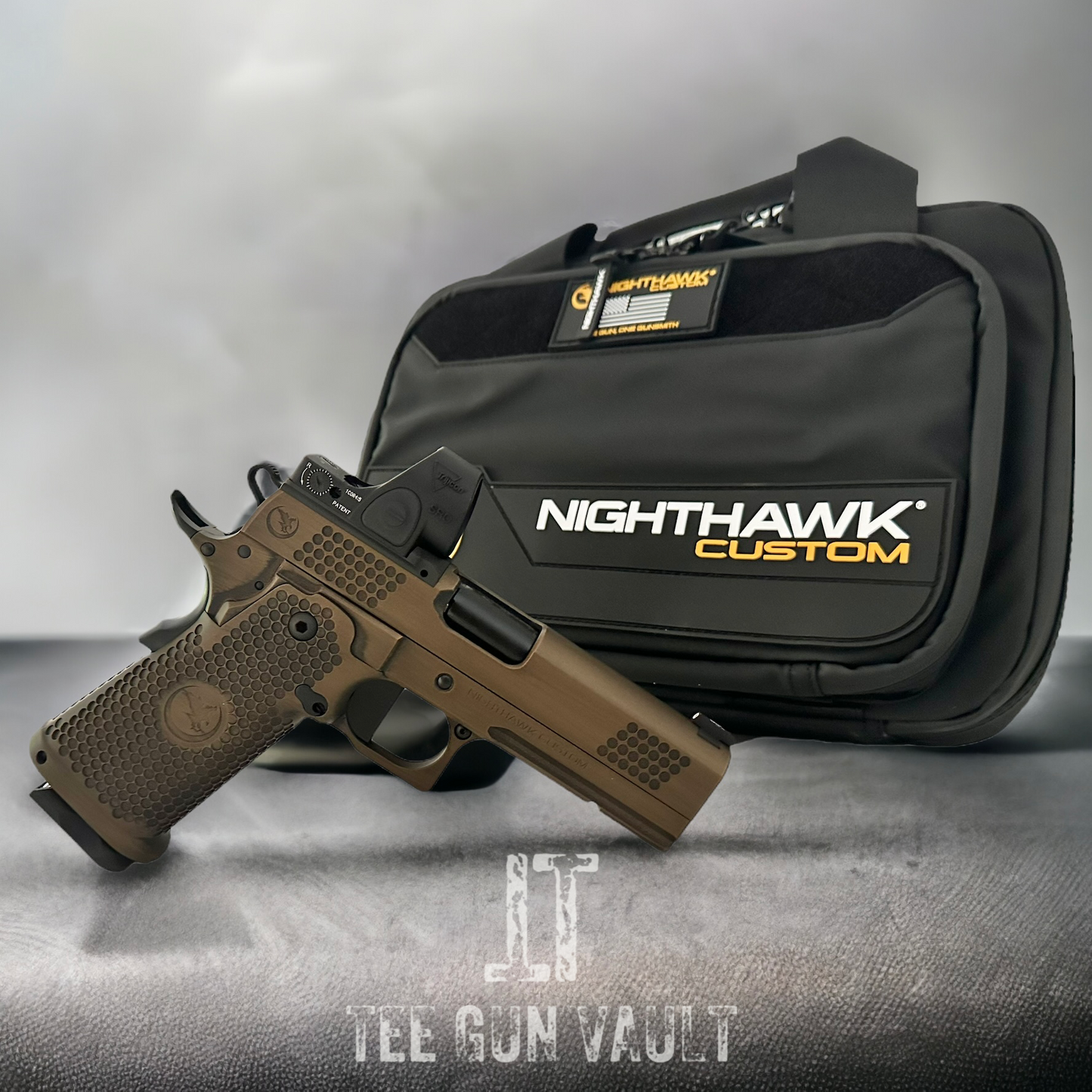 NIGHTHAWK CUSTOM TRS COMMANDER 4.25” BARREL TACTICAL READY SERIES 9MM IN BATTLE WORN BRONZE WITH TRIJICON SRO 2.5