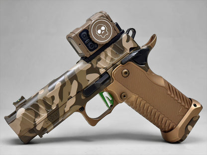 STACCATO CUSTOM C2 PORTED 3.9"
MULTICAM WITH T7 ALUMINUM GRIPS, APE AIMPOINT ACRO P2 & RED DIRT "EDGE" TRIGGER