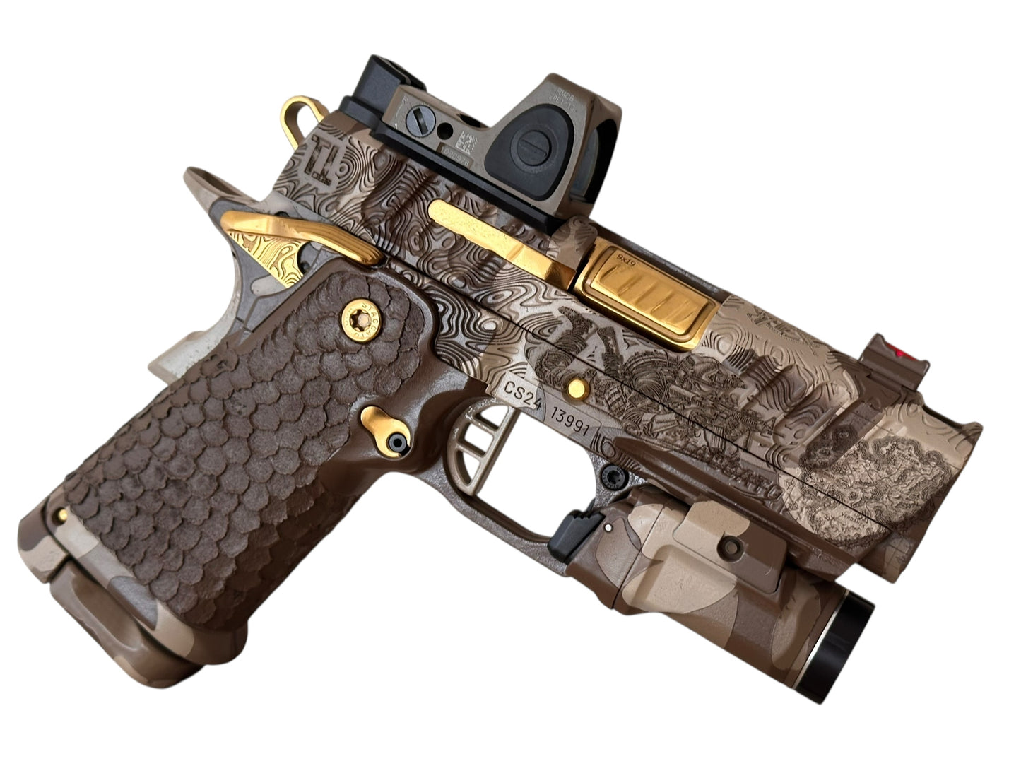 STACCATO CUSTOM CS “BLACK OPS” TIN BARREL 3.5” MULTI CAM CERAKOTE WITH TRIJICON RMR / TLR 7 SUB