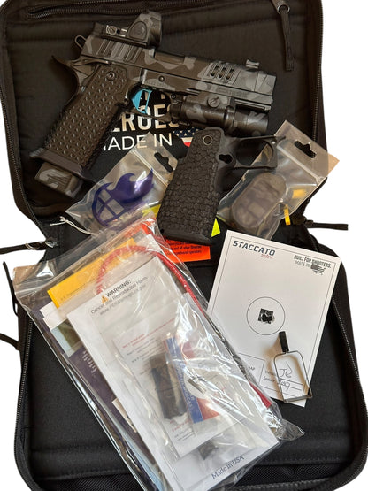 STACCATO CUSTOM XC BLACK CAMO WITH ATLAS METAL GRIPS AND TRIGGER TRIJICON SRO & X300