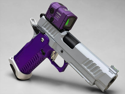 STACCATO P CUSTOM SILVER WITH T7 ALUMINUM GRIPS AND COMP AIMPOINT ACRO APE EDGE TRIGGER