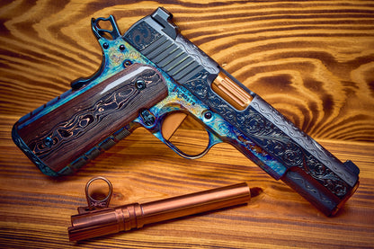 KINGS RIVER CUSTOM LEVEL III; CUSTOM WOOD DISPLAY CASE. HAND ENGRAVED CASE HARDENED .45ACP