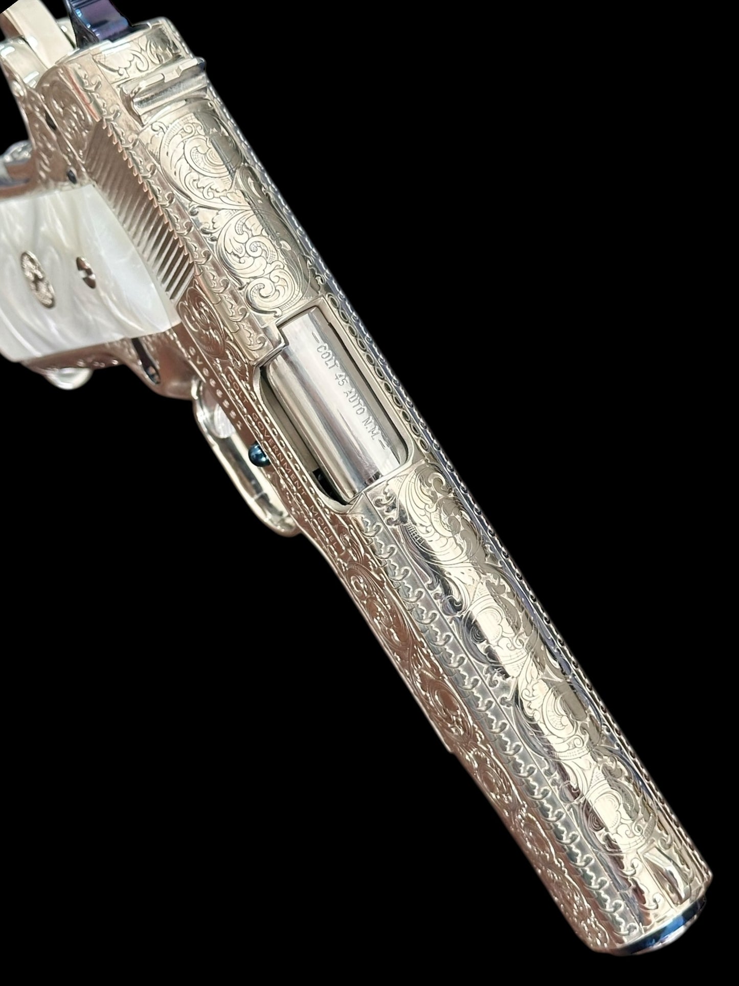 COLT CUSTOM 1911 HIGH POLISHED AND NICKEL PLATED WITH NITRO BLUE ACCENTS FULLY ENGRAVED .45ACP