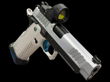 STACCATO P RARE POLISHED HARD CHROME SLIDE W ANODIZED T7 SILVER ALUMINUM GRIP SRO AND ATLAS TRIGGER