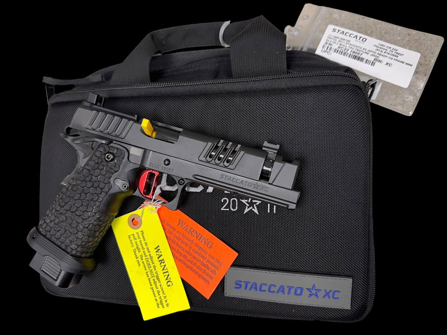 STACCATO XC 2011 5” COMPENSATED WITH DRAGON SCALE GRIPS RED ATLAS TRIGGER AND 5 MAGS (pre owned) MINT