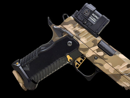 STACCATO CUSTOM C2 PORTED 3.9"
MULTICAM WITH T7 ALUMINUM GRIPS, AIMPOINT ACRO P2 & RED DIRT "GOLD" TRIGGER