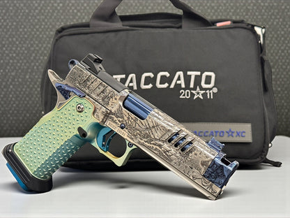 STACCATO CUSTOM XC “PIRATES” POLISHED SILVER/BLUE PVD FINISH WITH ATLAS ANODIZED GRIPS,TRIGGER AND MAG