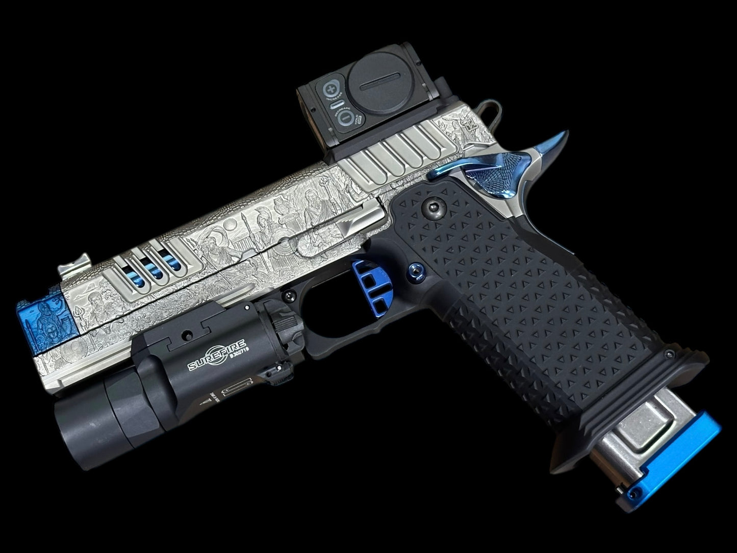 STACCATO CUSTOM XC “AEGIS” GREY/POLISHED BLUE PVD FINISH ATLAS GRIPS RED DIRT TRIGGER ACRO P2 & X300