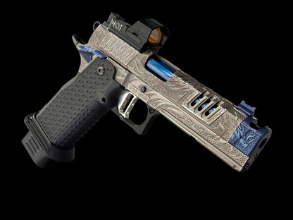 STACCATO CUSTOM XC “TRIBAL DRAGON” SILVER/BLUE PVD WITH ATLAS GRIPS AND APEX ATOM OPTIC