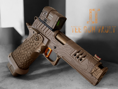 STACCATO CUSTOM XC ENGRAVED TRIBAL DRAGON TAN/BRONZE CERAKOTE FINISH WITH INFINITY TRIGGER AND ACRO P2