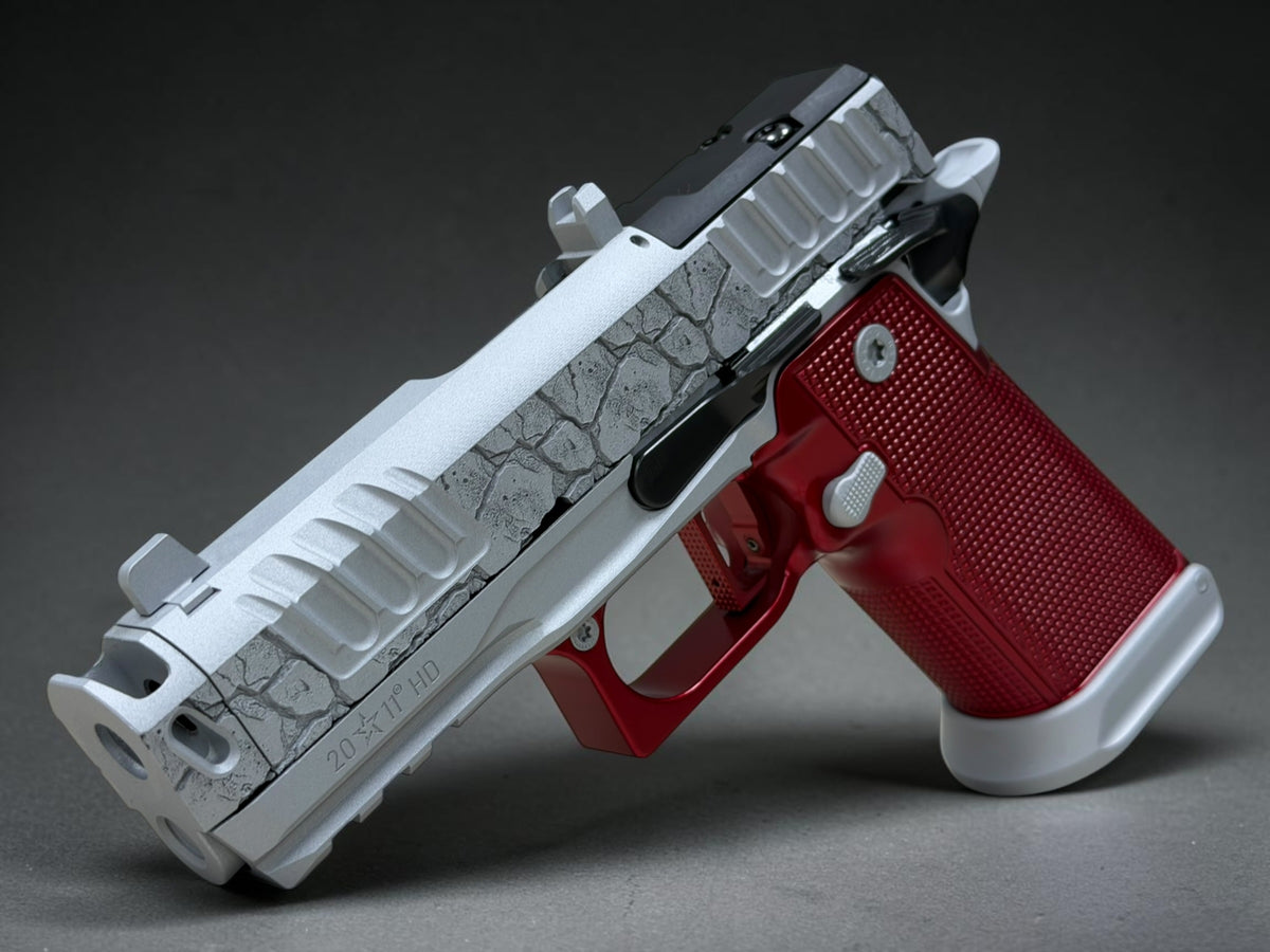 STACCATO CUSTOM P4X “ROCKS” COMPENSATED WITH RED ANODIZED ALUMINUM GRIPS AND INFINITY TRIGGER
