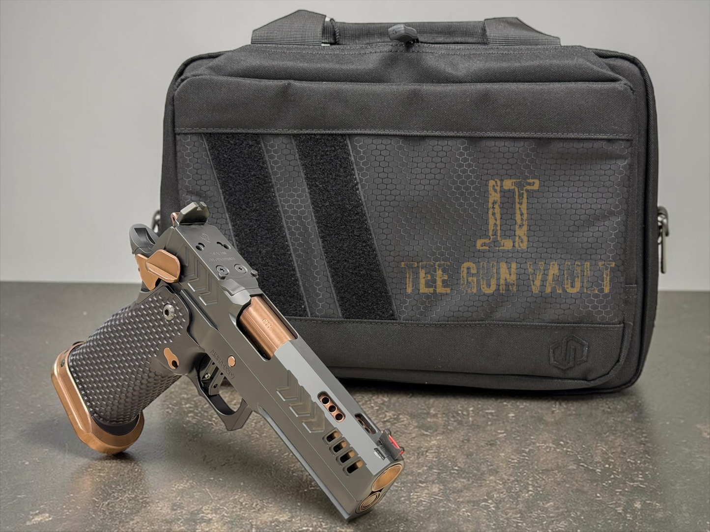 CNC GUNWORKS AKIRA PORTED 4.6”9MM  OPTIC READY IN BLACK DLC WITH ROSE GOLD BARREL AND PARTS.
