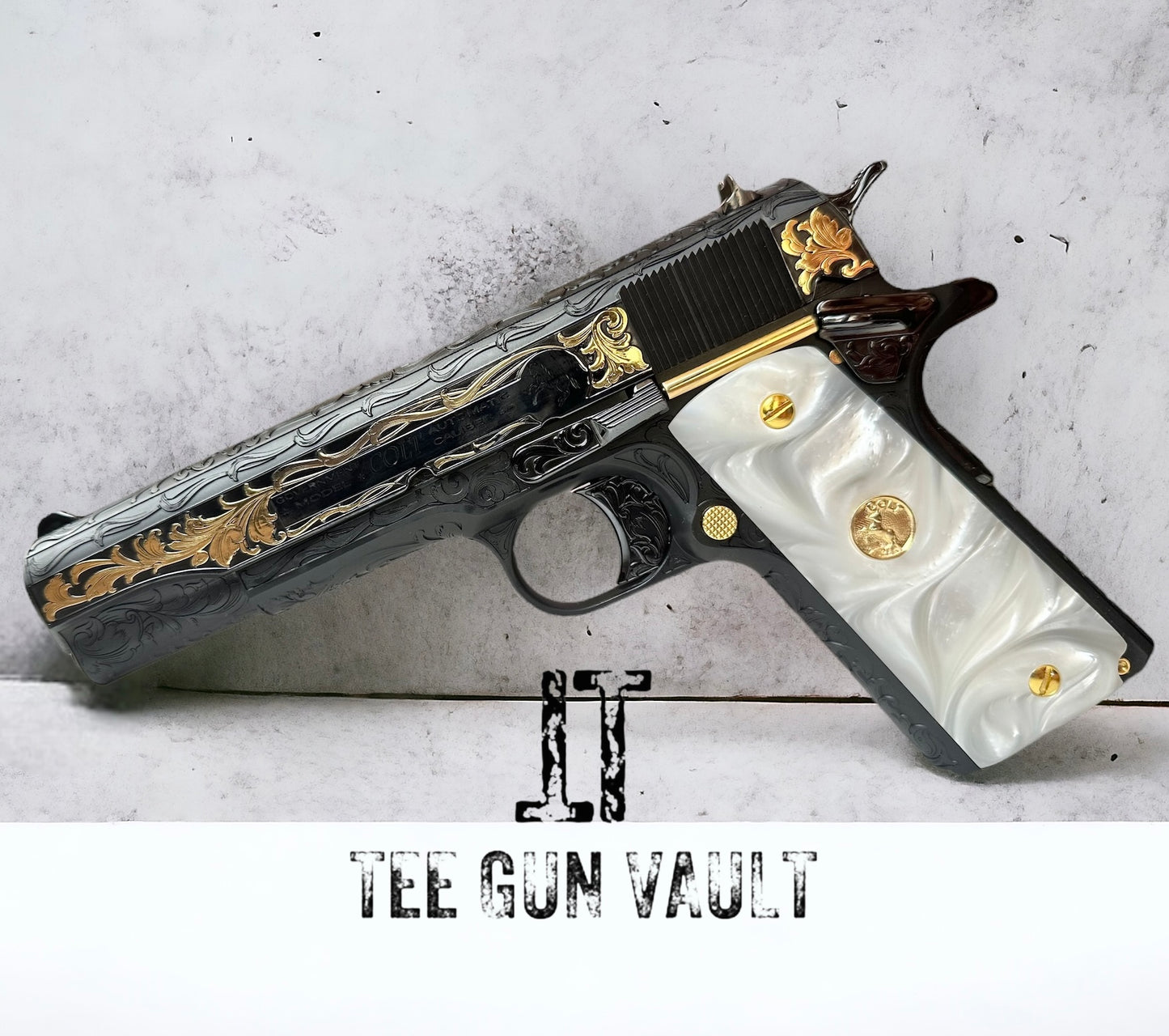 CUSTOM COLT 1911 GOVERNMENT FULLY ENGRAVED, BLUED WITH 24K GOLD PLATED ACCENTS