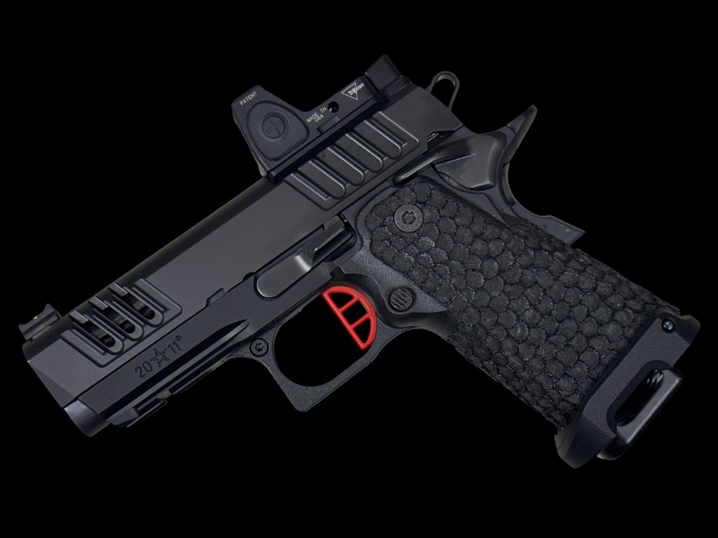STACCATO CS X SERIES DLC BARREL FLAT TRIGGER WITH TRIJICON RMR AND DRAGON SCALE GRIPS. (Pre owned like new)