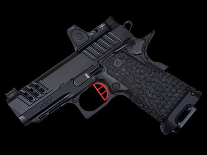 STACCATO CS X SERIES DLC BARREL FLAT TRIGGER WITH TRIJICON RMR AND DRAGON SCALE GRIPS. (Pre owned like new)