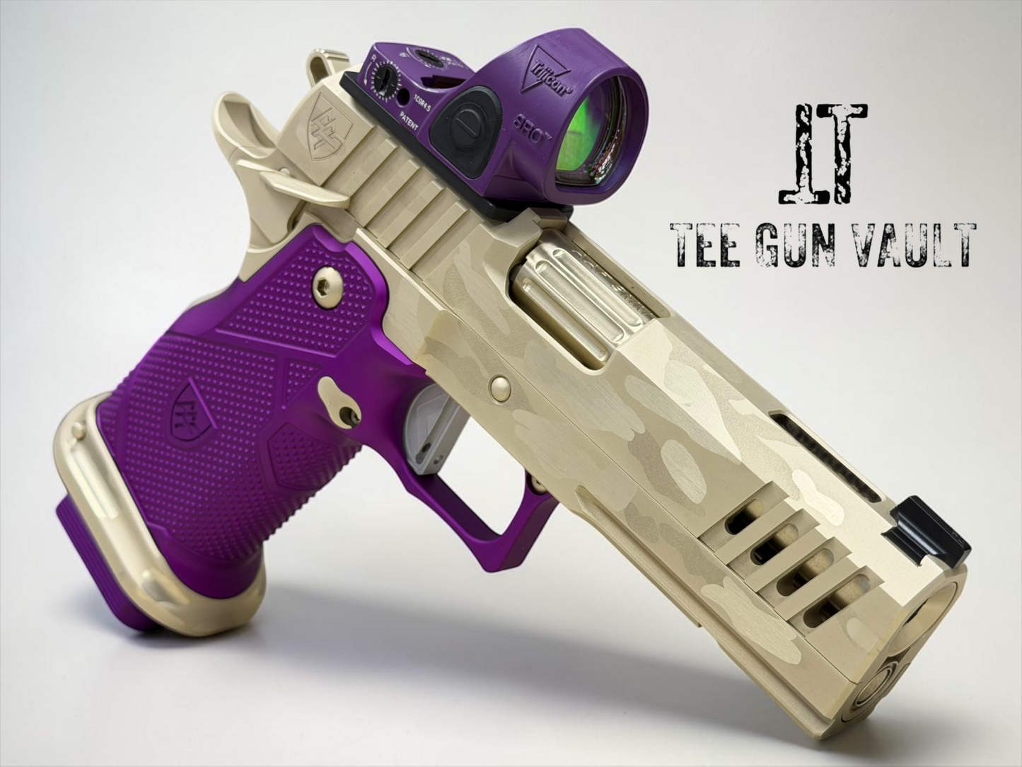ALPHA AMERICAN VANGUARD 4.25” PORTED DLC CAMO WHITE GOLD WITH PURPLE GRIPS AND SRO