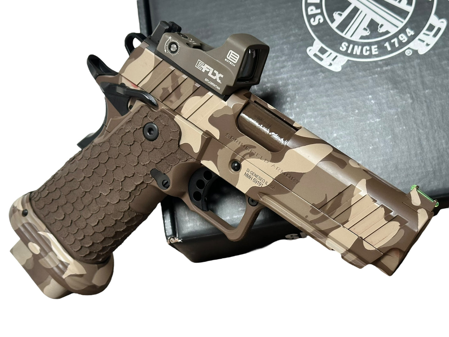 SPRINGFIELD PRODIGY 4.25” DOUBLE STACK CUSTOM. CAMO CERAKOTE DRAGON SCALE GRIPS WITH EOTECH EFLX