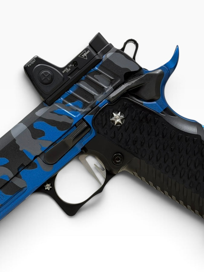 STACCATO CUSTOM C2 BLUE CAMO PORTED 3.9” DLC BARREL WITH T7 AGGRESSIVE GRIP, EDGE TRIGGER AND RMR