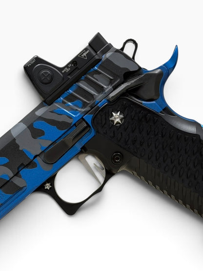 STACCATO CUSTOM C2 BLUE CAMO PORTED 3.9” DLC BARREL WITH T7 AGGRESSIVE GRIP, EDGE TRIGGER AND RMR