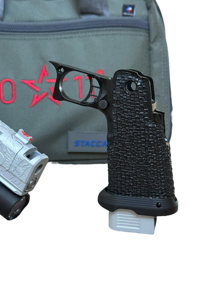 SILVER “TRIBAL DRAGON” FULLY CUSTOMIZED STACCATO XC STEEL GRIPS ENGRAVED, CERAKOTE WITH ACRO P2 & X300