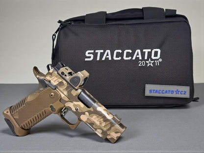 STACCATO CUSTOM C2 PORTED 3.9"
MULTICAM WITH T7 ALUMINUM GRIPS, TRIJICON RMR & RED DIRT "EDGE" TRIGGER