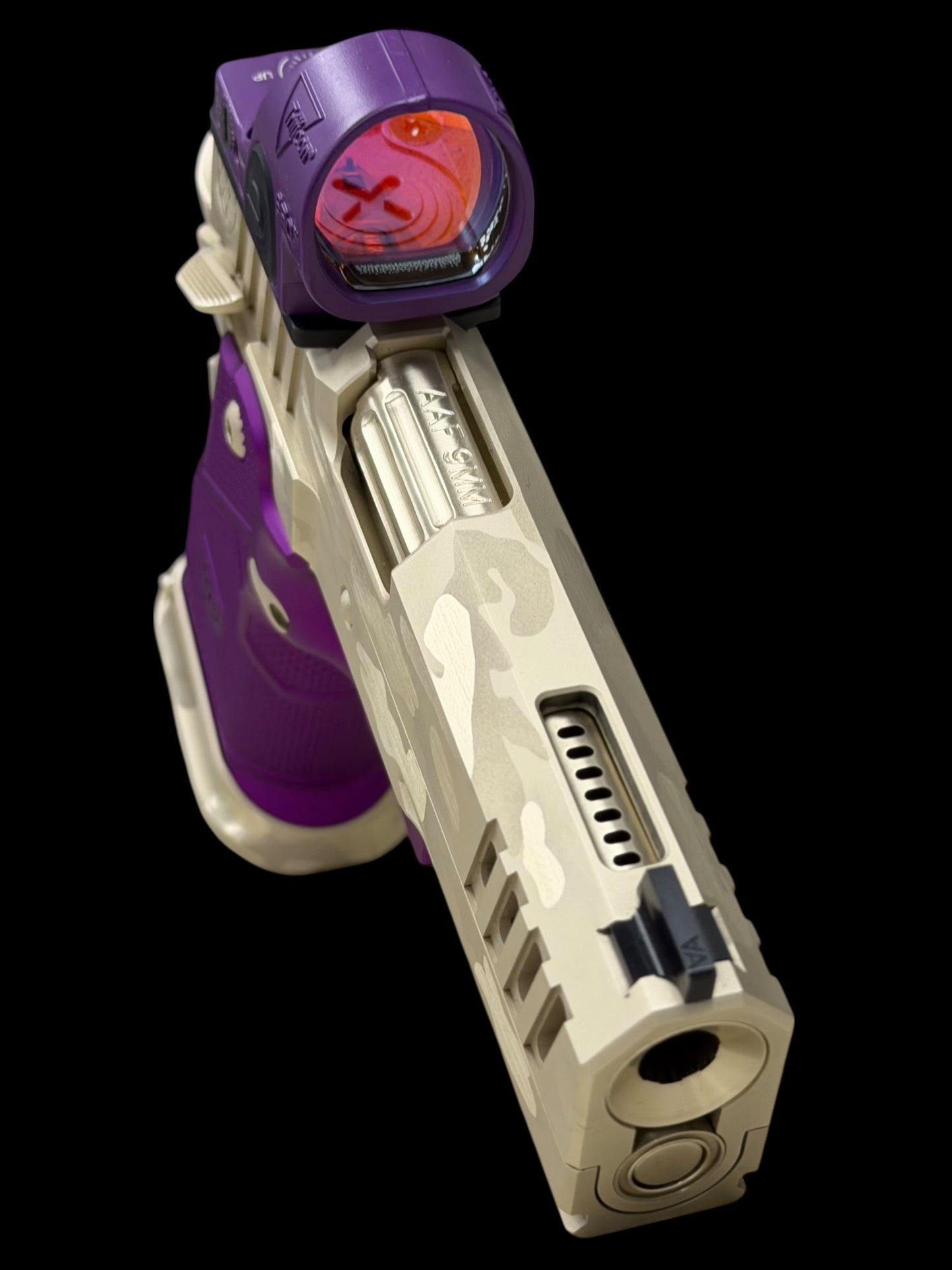 ALPHA AMERICAN VANGUARD 4.25” PORTED DLC CAMO WHITE GOLD WITH PURPLE GRIPS AND SRO
