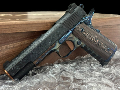 KINGS RIVER CUSTOM LEVEL III; CUSTOM WOOD DISPLAY CASE. HAND ENGRAVED CASE HARDENED .45ACP